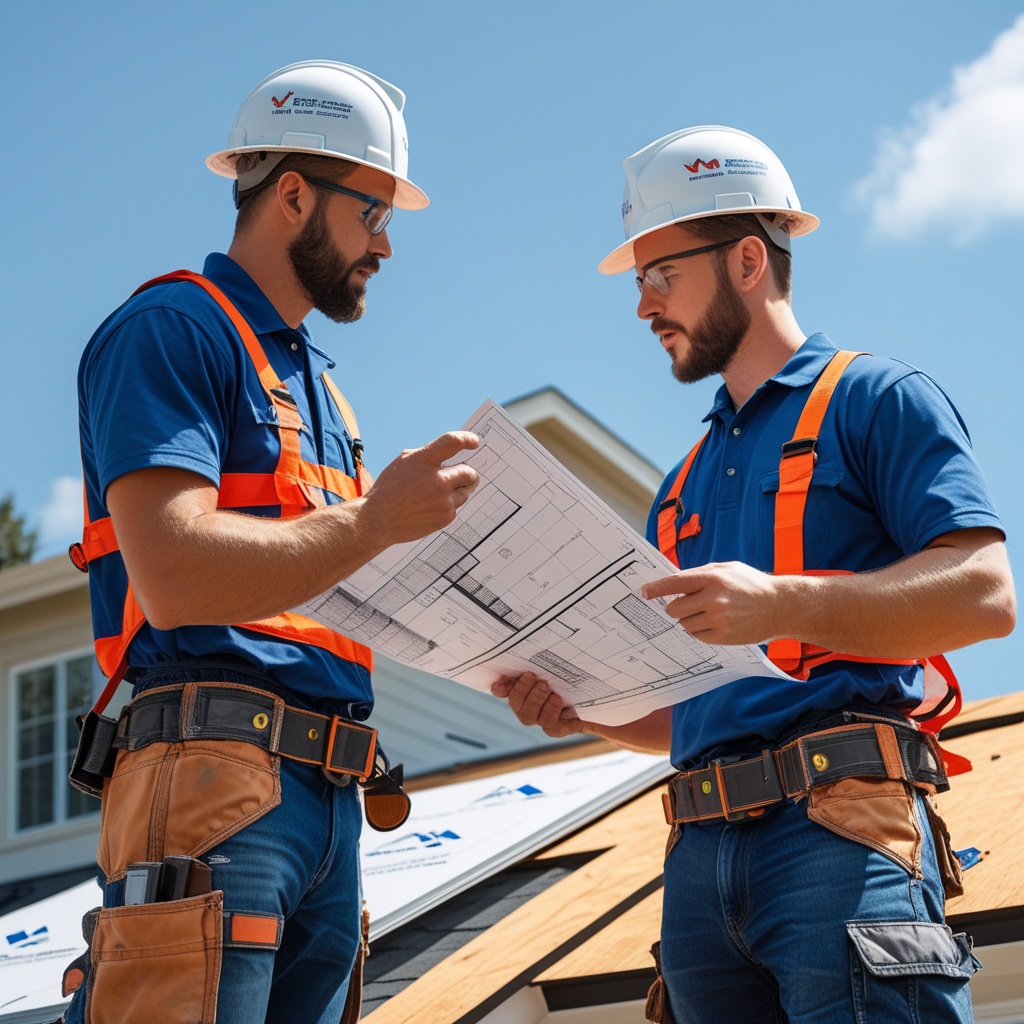 Two roofing professionals in work gear collaborating on roofing project plans at residential jobsite