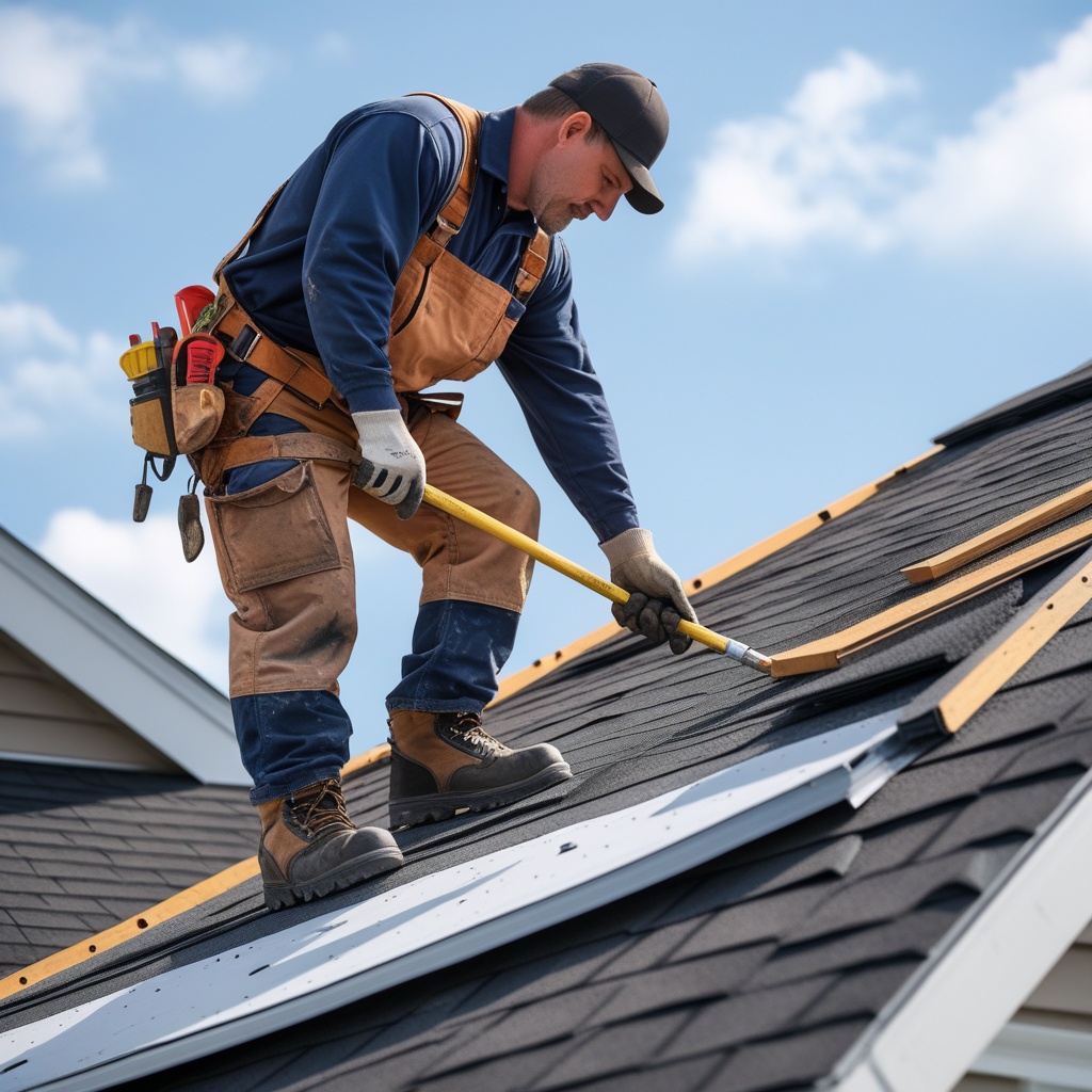 Experienced roofing contractor in full work gear demonstrating professional roofing techniques on residential roof