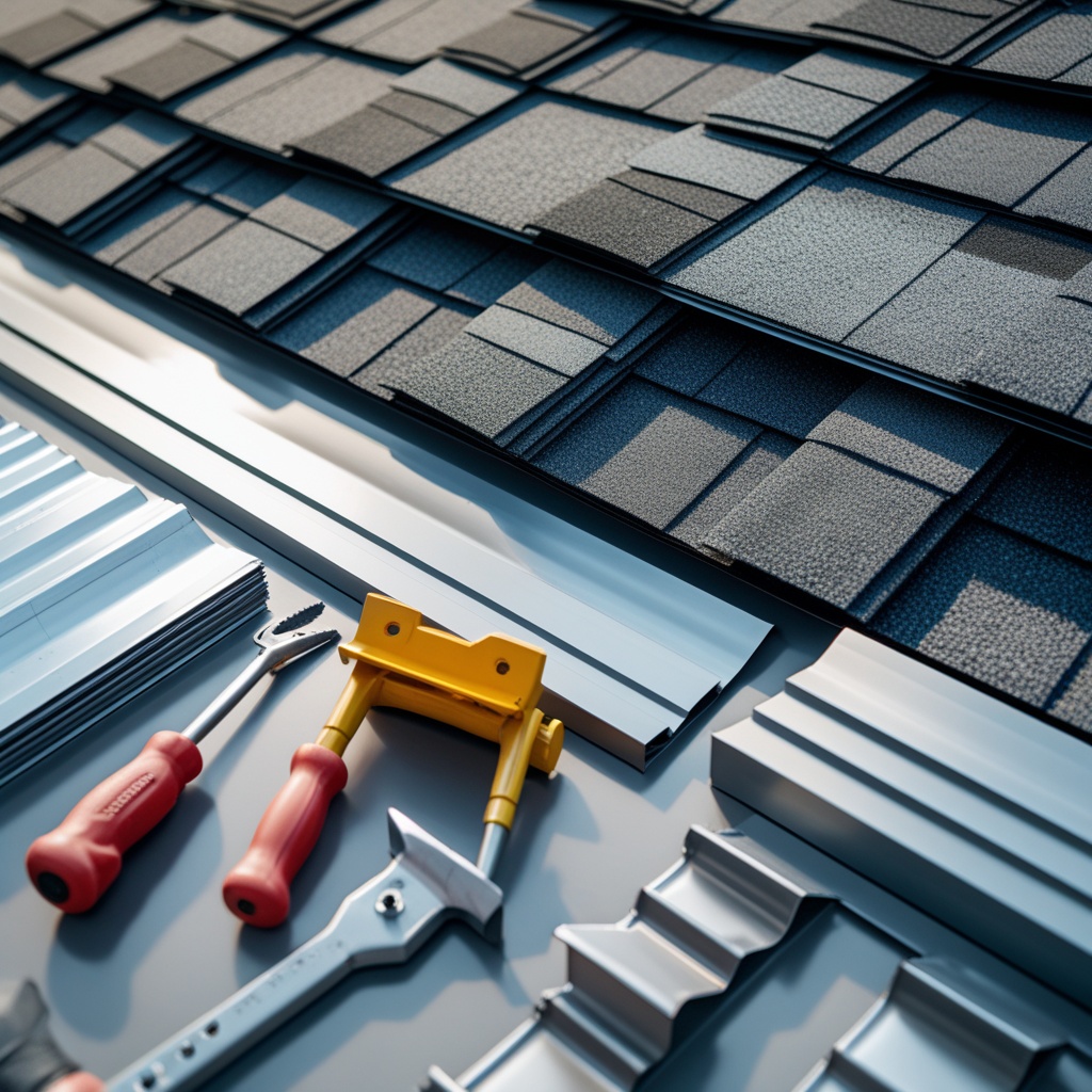 Professional roofing materials arranged on a clean workbench with inspection tools