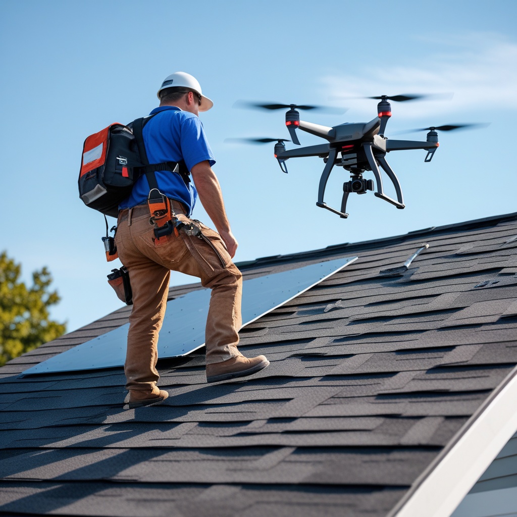 Professional roofer performing roof inspection with drone technology visible in background